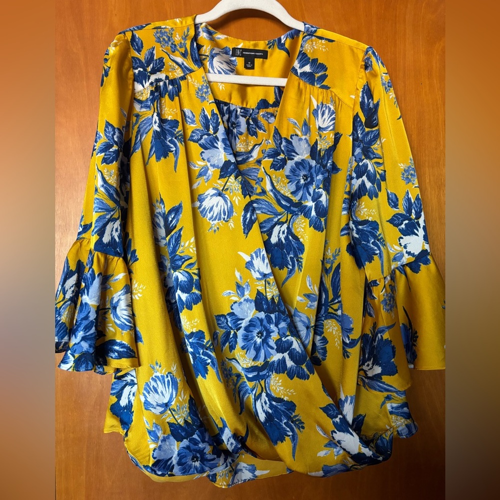 International Concepts Floral Wrap Blouse | Mustard Yellow & Blue Bell Sleeve